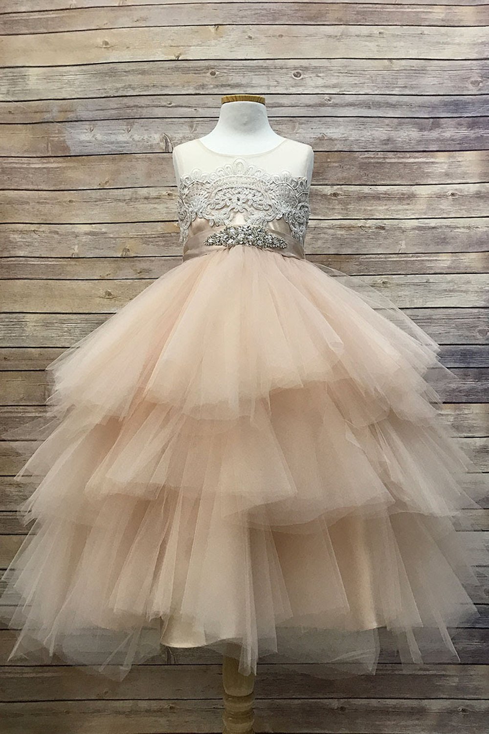 Rose Gold Gorgeous Multiple Tiered Skirt Dress with Hand Beaded Applique on Top